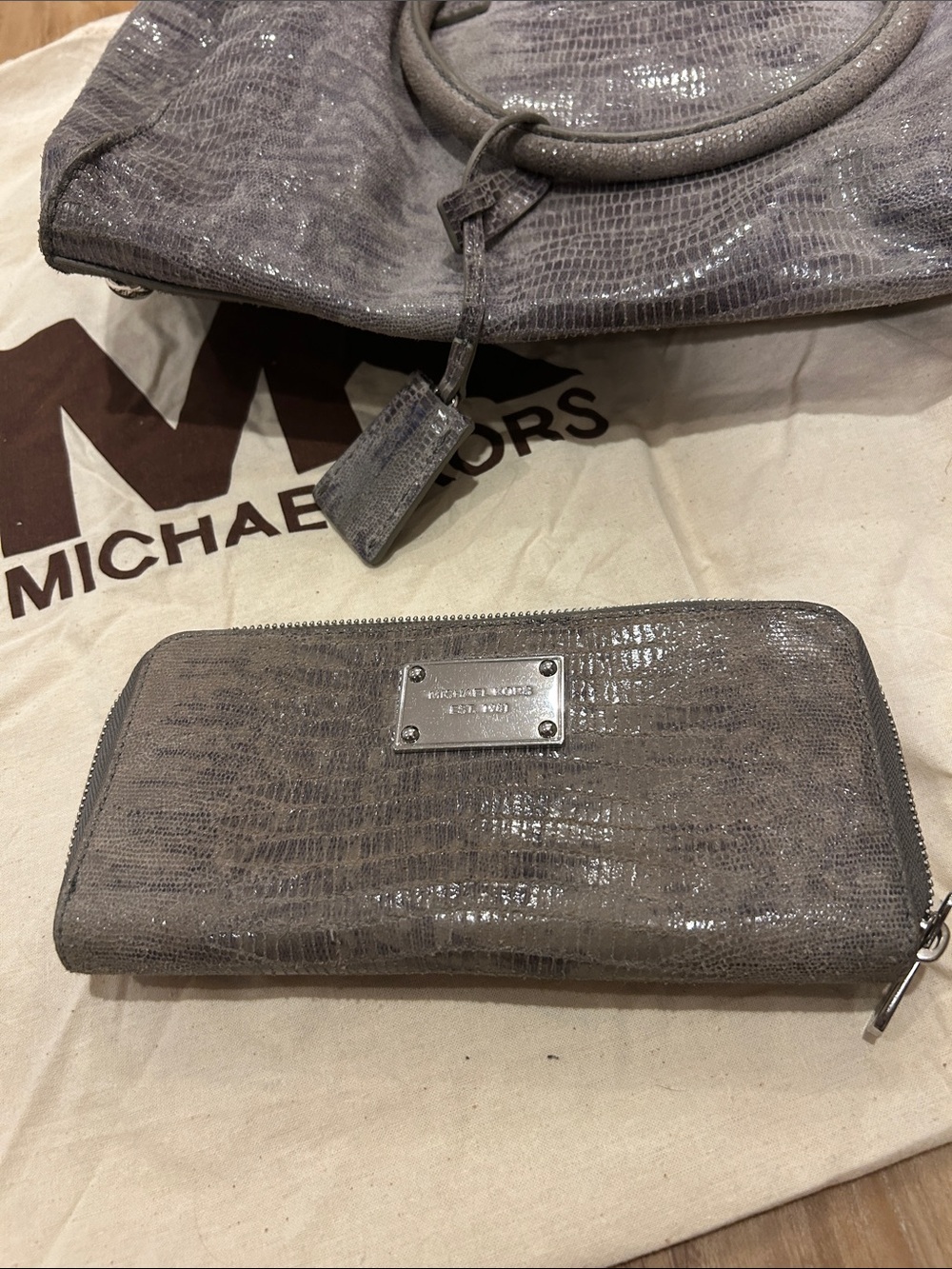 Michael Kors Shiny Gray Croc-Embossed Zip Wallet